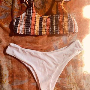 Striped Smocked Tie Bkini